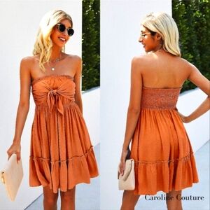 Orange Tang.,Strapless Tiered Sundress for Casual Occasions